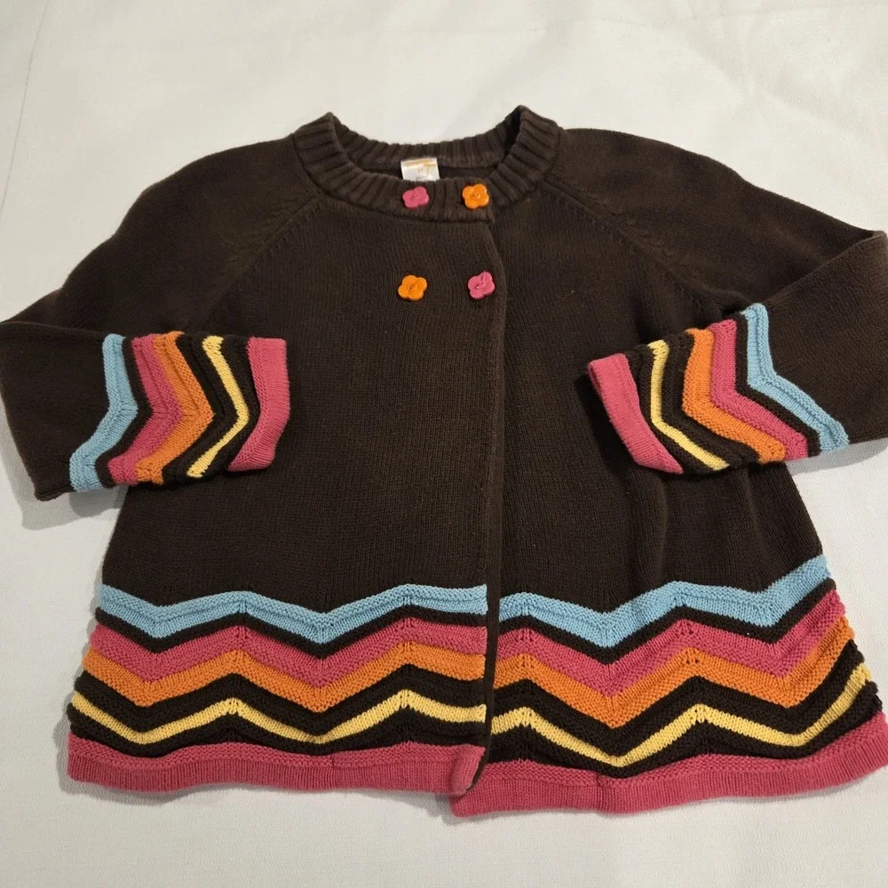 Gymboree Woodland Friends Brown 100% Cotton Girls Cardigan W/ Chevron Stripes 5T